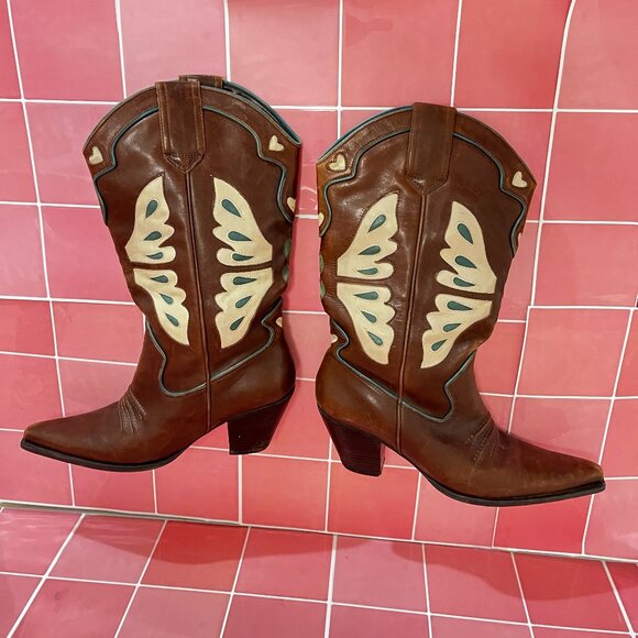 Size 10 Nine West Brown Butterfly Cowboy Boots - Picture 1 of 5